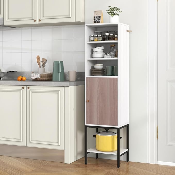 Giantex 57” Tall Bathroom Storage Cabinet, Floor Cabinet with Door, Adjustable Shelves & Foot Pads, Metal Legs, Anti-Tipping Kit, Slim Bathroom Storage Unit for Living Room, Kitchen (White)
