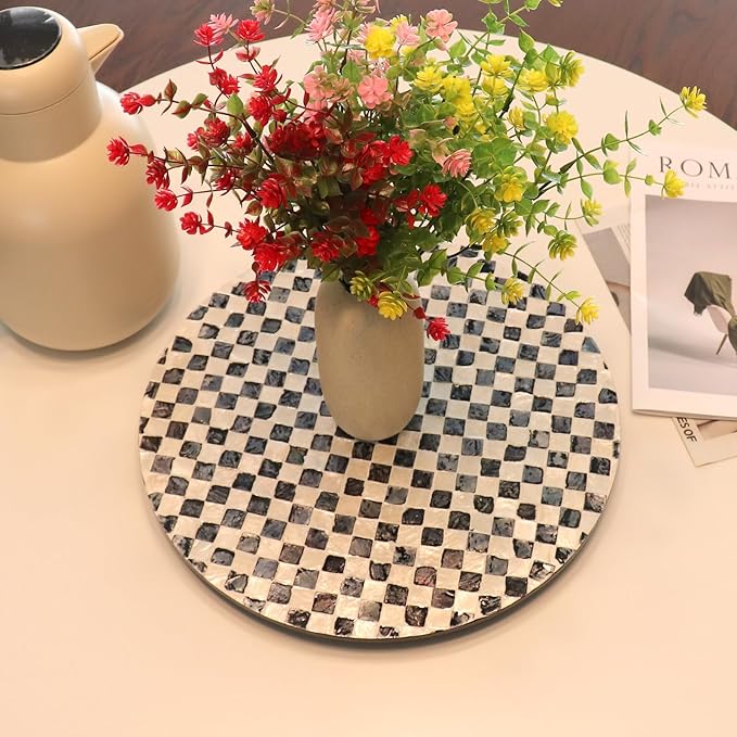 13.8" Mother of Pearl Lazy Susan Turnable Organizer, 360 Degree Round Table Countertop Decorative Spinning Tray for Kitchen Cabinet Counter Spice Pantry Dinner Table (Checkerboard)