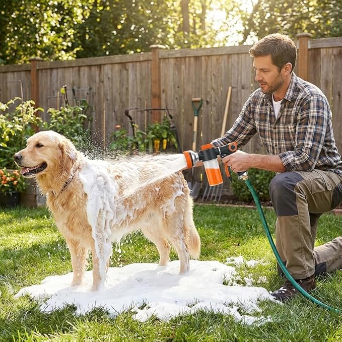 Dog Washing Hose Attachment, 8-in-1 Sprayer Hose Nozzle with Soap Dispenser for Dog Showering, Watering Flowers, Car Washing (With Brush and Lint Remover)