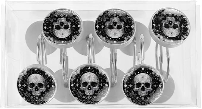 12 Packs Gothic Black and Skull Shower Curtain Hooks, Stainless Steel Glass Shower Curtain Rings for Bathroom Decor, Metal Rustproof Curtain Rod Hooks