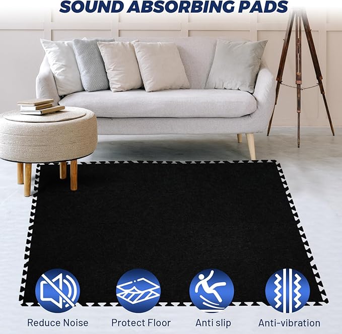 Focusound 20Pcs Sound Absorbing Interlocking Drum Rug, 11.8 x 11.8 x 0.4 inches High Density Soundproof Floor Mats, Non-Slip Anti Vibration Piano Carpet Drum Mat for Music Studio, Black