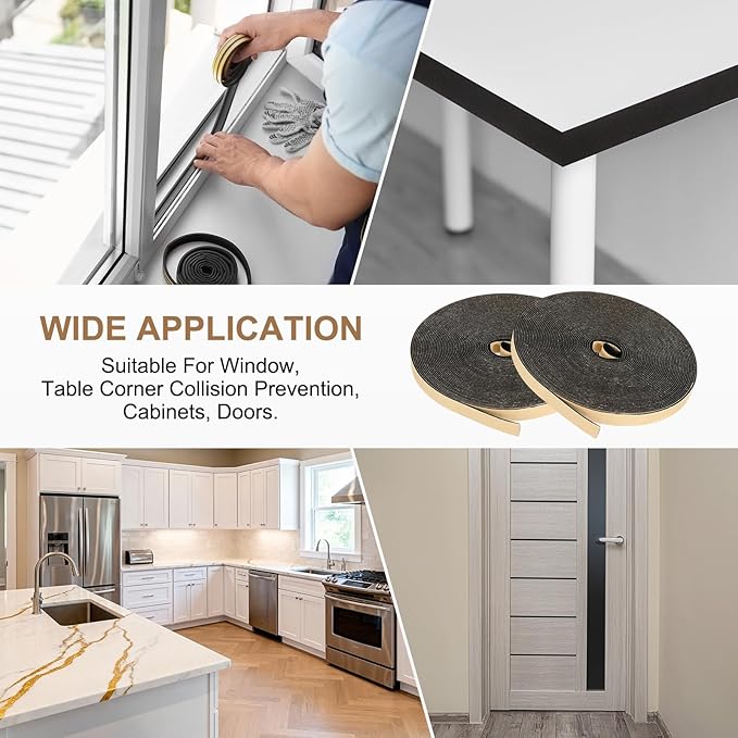 PATIKIL Foam Insulation Tape, 3/8" W x 3/8" t x 32.8FT Self Adhesive Weather Stripping Door Seal Strip for Door Window Air Conditioning, Black