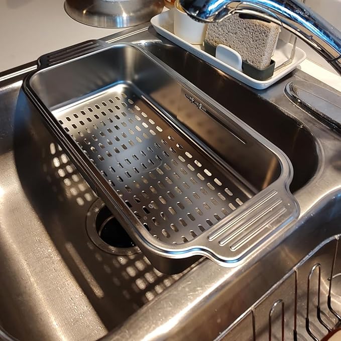 Stainless Steel Extendable Colander Strainer, Metal Washing Basket for Vegetable and Fruit, Easy to Clean, Drain Quickly (L)