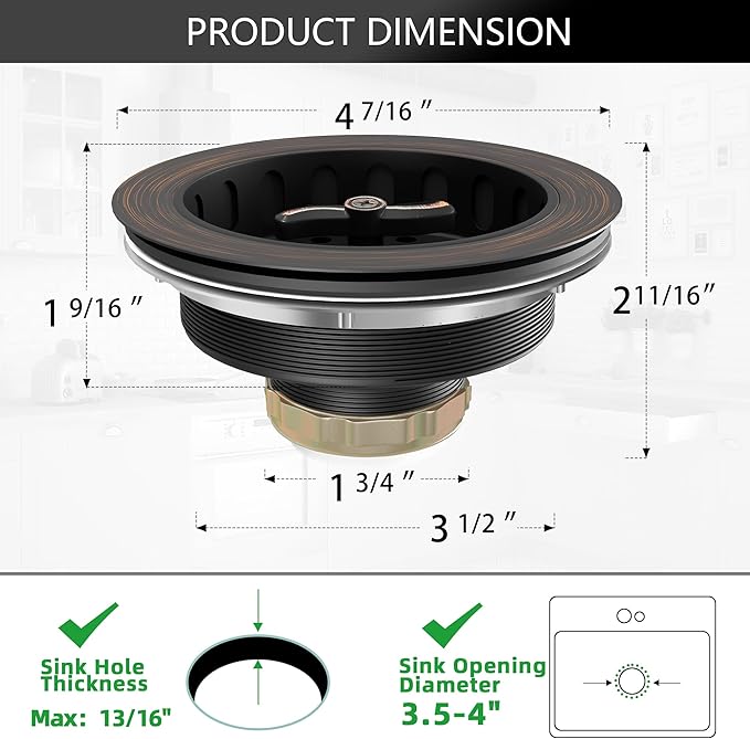 Kitchen Sink Drain Assembly 3-1/2 Inch Bronze Stainless Steel Kitchen Drain with T-Shaped Sink Strainer Basket and Drain Stopper for Standard Kitchen Sink Oil Rubbed Bronze