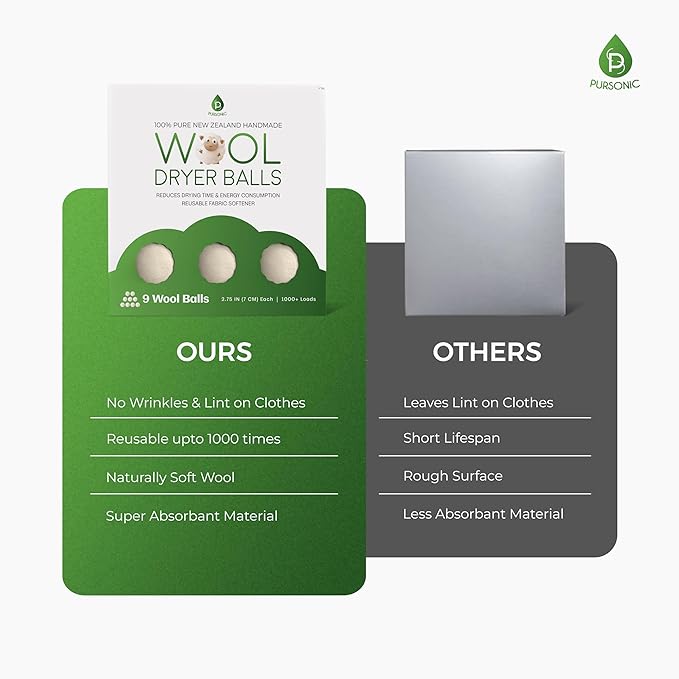 Pursonic Laundry Wool Dryer Balls Made with 100% Pure New Zealand Wool - Natural Reusable Fabric Softener Balls for Drying Time & Energy Consumption - Reduces Clothing Wrinkles & Lint - Set of 6