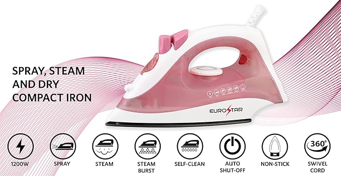 EUROSTAR IR334XP Compact Steam Iron w/Steam Burst & Auto-Shut-Off, Pink