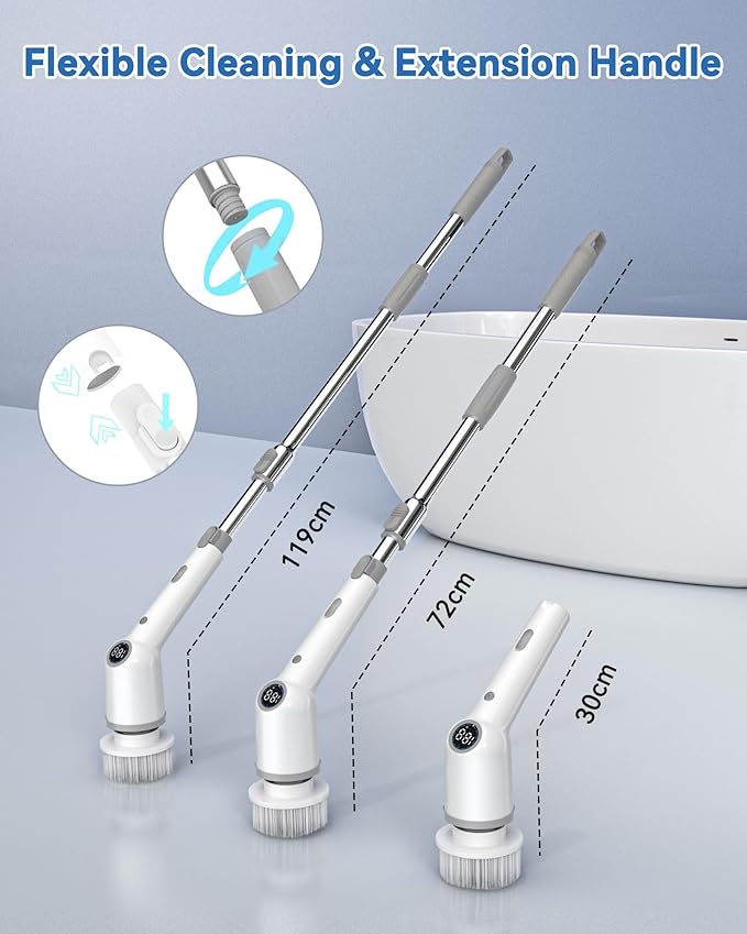 Electric Spin Scrubber for Bathroom,Shower Cleaning Brush,Cordless Shower Scrubber with 8 Replaceable Brush Heads and Adjustable Extension Handle,3 Adjustable Speeds for Kitchen Car, White