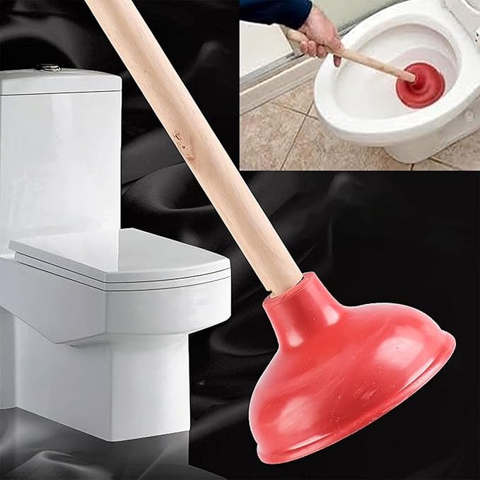 Toilet Plunger Red Heavy Duty Force Cup Rubber with A Long Wooden Handle to Fix Clogged Toilets and Drains, Perfect for Kitchens and Bathrooms (1 pcs)