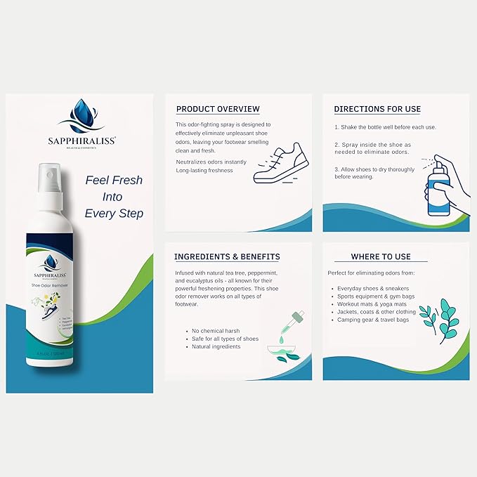Natural Shoe Freshener Spray - 4oz (120ml) Water-Based Mist with Eucalyptus, Peppermint, Tea Tree & Lemongrass - Quick Acting Odor Neutralizer for Shoes, Gym Bags