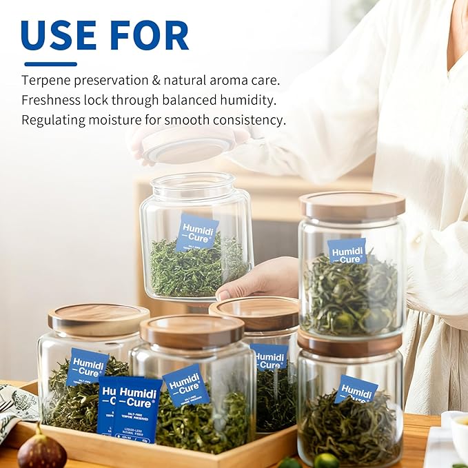 Humidi-Cure 62% RH 2-Way Humidity Packs, Size 63g, 4 Packs, Moisture Absorbers for Storing 1/2 LB Herbs, Humidity Control Packs Preserving Aroma and Flavor with Liquidless Plant-Fiber, Salt-Free