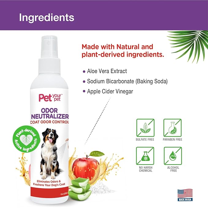 Dog Odor Neutralizer Spray for Dogs 4oz, Non-Toxic Deodorizer with Aloe Vera & Apple Cider Vinegar, Made in USA, Freshens Coat & Eliminates Odors