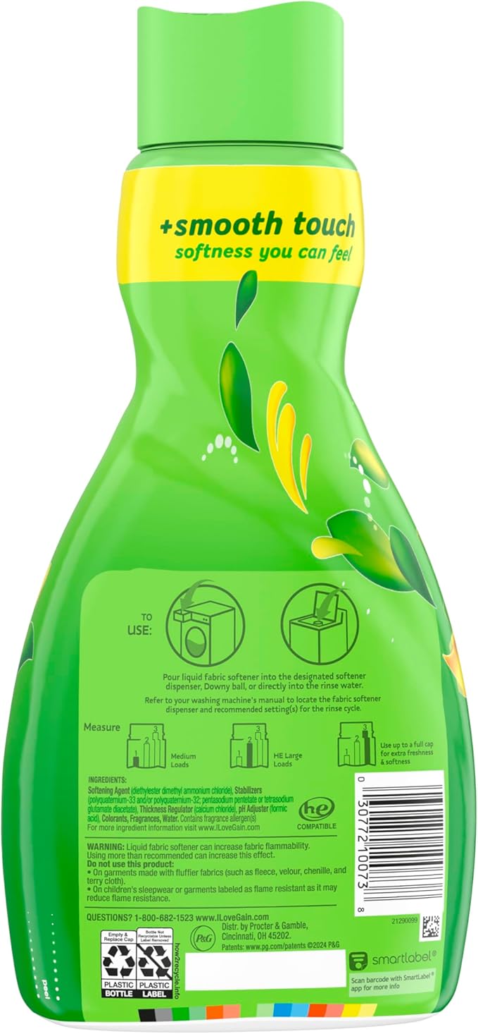Gain Liquid Fabric Softener,Original Scent,35 FL OZ LIQ.,48 Loads,Smooth Touch - softness you can feel,(Pack of 8)