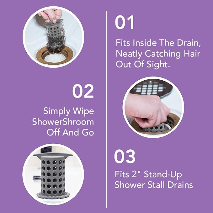 ShowerShroom the Revolutionary 2" Stand-Up Shower Stall Drain Protector Hair Catcher/Strainer, Gray , 1 Count ( Pack of 1)