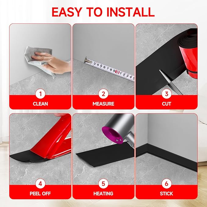 Flexible Baseboard Molding Trim 3 Inch(W) x 66 Feet(L) Self Adhesive Vinyl Wall Base Peel and Stick Cove Base,Rubber Wall Base. (Black)
