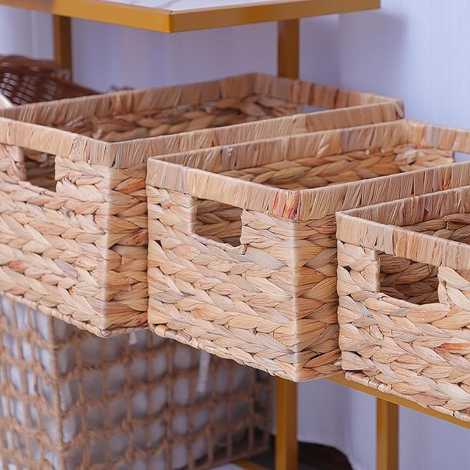 Woven Natural Water hyacinth basket Rectangular organizer basket with Handle for Desktop, Bathroom, Entryway,Kingwillow.(Small)