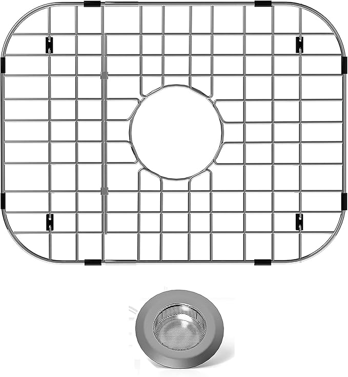 Stainless Steel Sink Protector 18-1/8" x 13-3/8" with Center Drain, Metal Sink Rack for Bottom of Sink, Kitchen Sink Grate and Sink Protectors with Sink Strainer (18-1/8" x 13-3/8" - Center Drain)