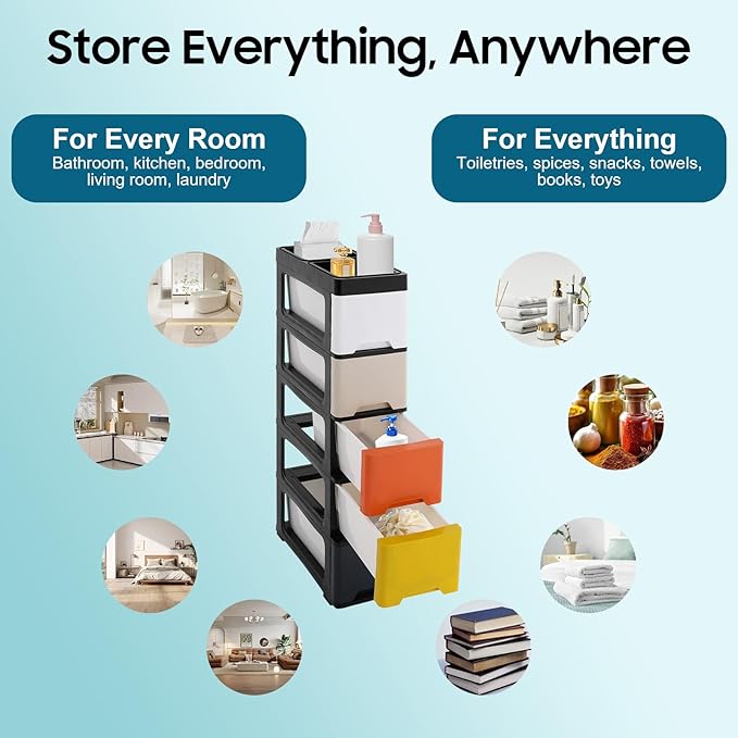 Narrow Plastic Drawers Cabinet, Multi-functional Plastic Tower Organizer with Wheels for Small Space Bathroom Bedroom Kitchen Offices Dormitory, 7 * 15 * 33in (Colorful A)