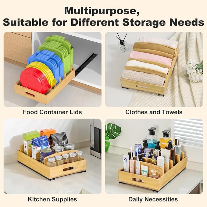 Housolution Pull Out Food Container Lid Organizer with Sliding Rail, Slide Out Plastic Lid Holder Compatible with Tupperware, Bamboo Storage Box with 5 Adjustable Dividers for Kitchen Cabinet, 1 Pack