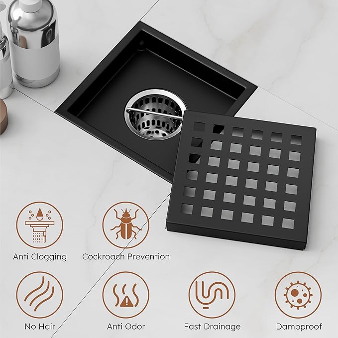 4 Inch Square Black Shower Drain Kit with Flange & Lifting Hook, Modern Floor Drain with Removable Quadrato Pattern Grate, Stainless Steel SUS 304 (Matte Black, 4 Inch)