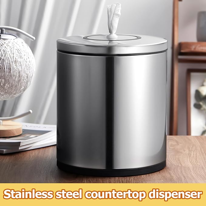 Tandefio Stainless Steel Countertop Wipe Dispenser Fits Wipes on Rolls 10 x 11.5 Inch Round Tissue Holder Refillable Tabletop Cylinder Container for Fitness Clubs Gym Schools Daycares(Sliver)