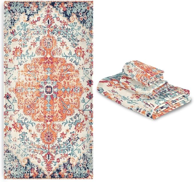 3 Piece Vintage Boho Bath Towel Set,Microfiber Decorative Rustic Orange Southwest Ethnic Bohemian Print Farm Bathroom Towels,1 Bath Towel 1 Hand Towel for Bathroom Kitchen,1 Washcloth for Face