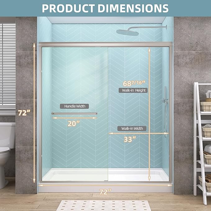 GETPRO Semi-Frameless Shower Door Double Sliding 68-72 in. W x 72 in. H Bypasss Bathroom Glass Shower Sliding Doors,1/4 inch Clear Tempered Glass Door for Walk-in Shower Brushed Nickel