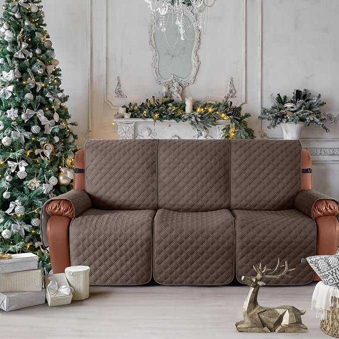 Ruaozz Waterproof Recliner Sofa Covers, 1-Piece Couch Covers for Reclining Couches Reclining Couch Cover Washable Furniture Protector with Elastic Straps Pocket for Kids Pets (Brown, 3 Seater)