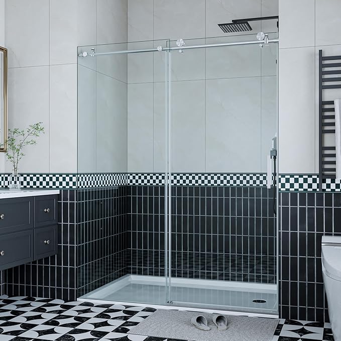 Sliding Shower Door 44–48 inch W× 76 inch H, Frameless Glass Shower Door with Round Stainless Steel Rail and 55mm Rollers, 6mm Tempered Glass, Space-Saving Shower Doors for Small Bathrooms