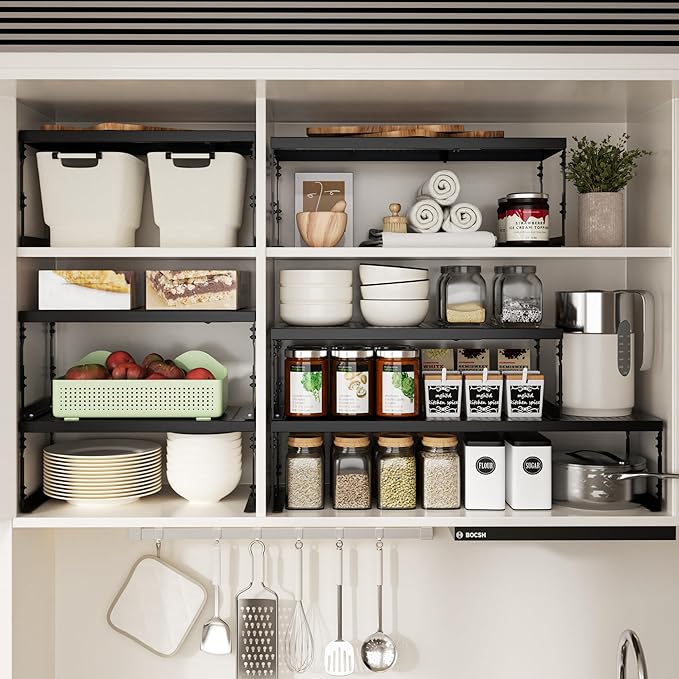 Adjustable Stackable Metal Storage Shelf Organizer - Expandable Wire Rack with Perforations for Kitchen, Pantry, Bathroom, Cabinet & Office-Compact, Durable & Sturdy (2PACKS/Large/Black)
