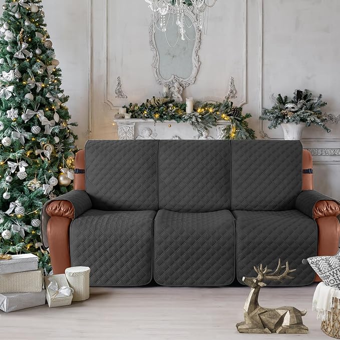 Ruaozz Waterproof Recliner Sofa Covers, 1-Piece Couch Covers for Reclining Couches Reclining Couch Cover Washable Furniture Protector with Elastic Straps Pocket for Kids Pets (Charcoal Grey, 3 Seater)