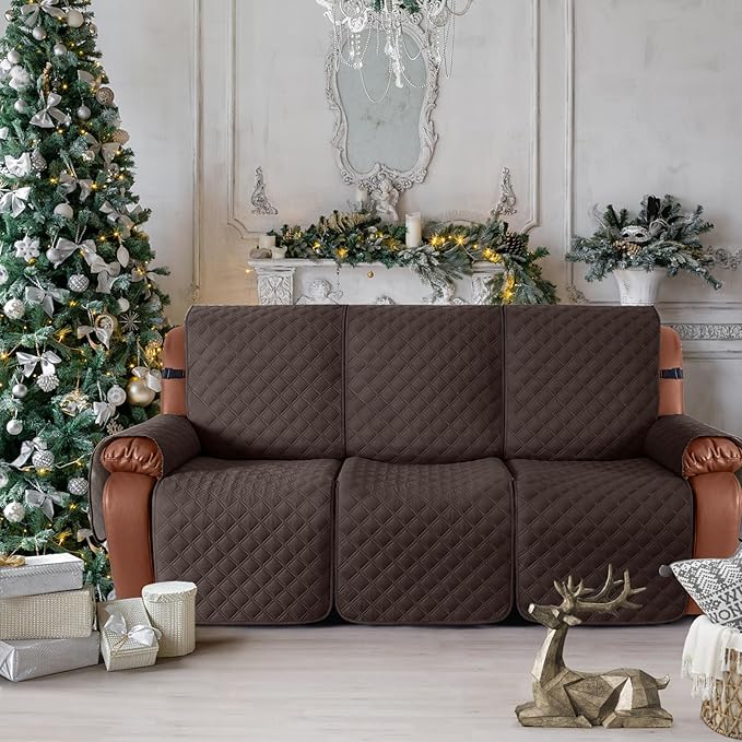 Ruaozz Waterproof Recliner Sofa Covers, Couch Covers for Reclining Couches 1-Piece Reclining Couch Cover Washable Furniture Protector with Elastic Straps Pocket for Kids Pets (Chocolate, 3 Seater)