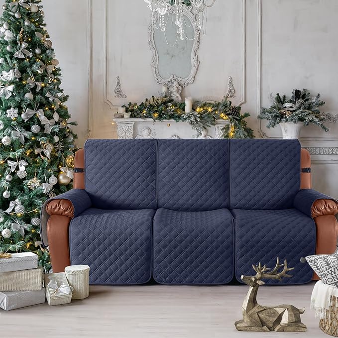 Ruaozz Waterproof Recliner Couch Covers, Sofa Slipcovers Washable 1-Piece Recliner Covers Non-Slip Furniture Protector with Elastic Straps Pocket for Kids Pets(Dark Blue, 3 Seater)