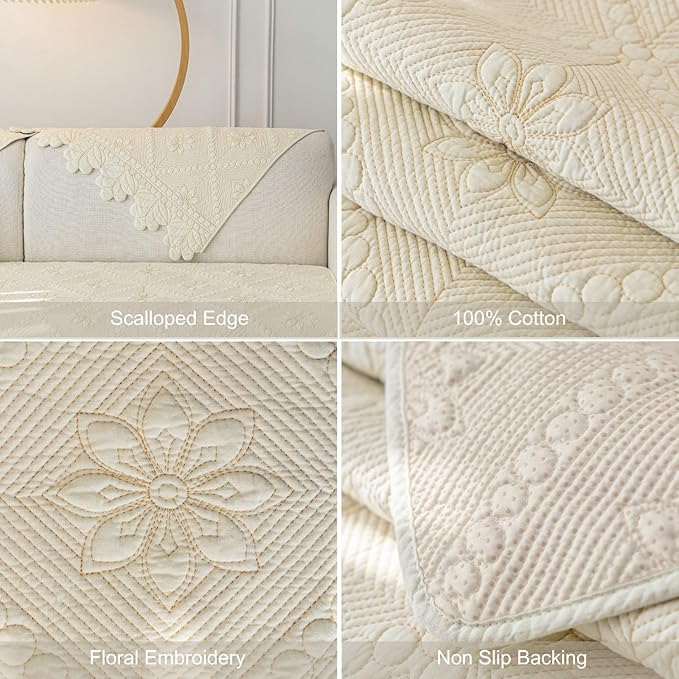 Cotton Quilted Dog Couch Cover for Sofa Farmhouse Rustic Embroidery Sectional Couch Cover Soft Anti-Slip Sofa Slipcover Furniture Protector for Kids, Pets (Ivory,43"x82")