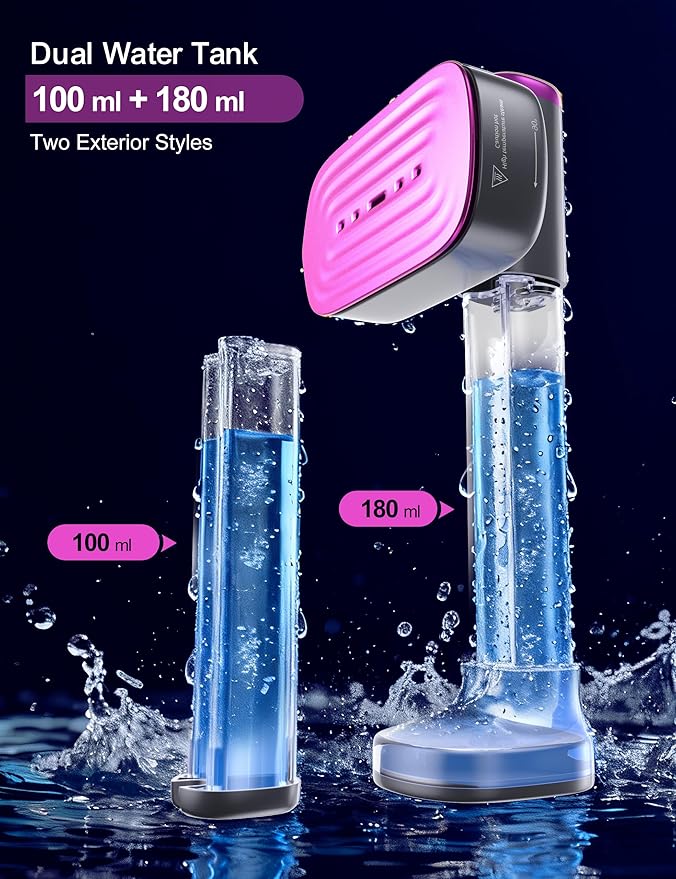 Travel Steamer for Clothes, with 2 Water Tanks (180 ml and 100 ml), Fast Heating, 24g/min Strong Steam, Mini Clothes irons LED Touch Display Dry Ironing, 1200W Portable Steamer & Iron 2 In 1 HUISE