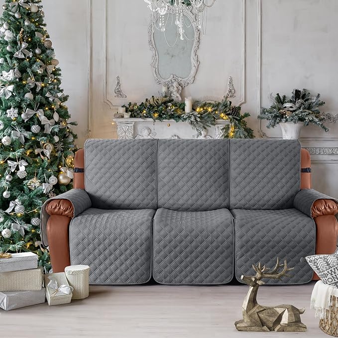 Ruaozz Waterproof Recliner Couch Covers, Sofa Slipcovers Washable 1-Piece Reclining Sofa Covers Non-Slip Furniture Protector with Elastic Straps Pocket for Kids Pets (Dark Grey, 3 Seater)