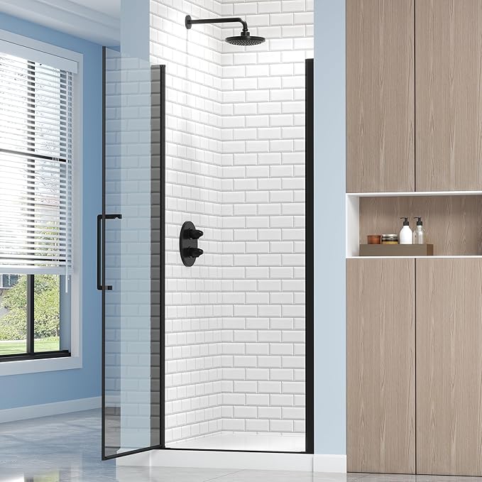 Frameless Pivot Shower Door 28.8-30" W X 72" H, 1/4" (6mm) Clear SGCC Tempered Glass, Hinged Pivot Swing Shower Door, Reversible Installation, Easy to Clean, Matte Black