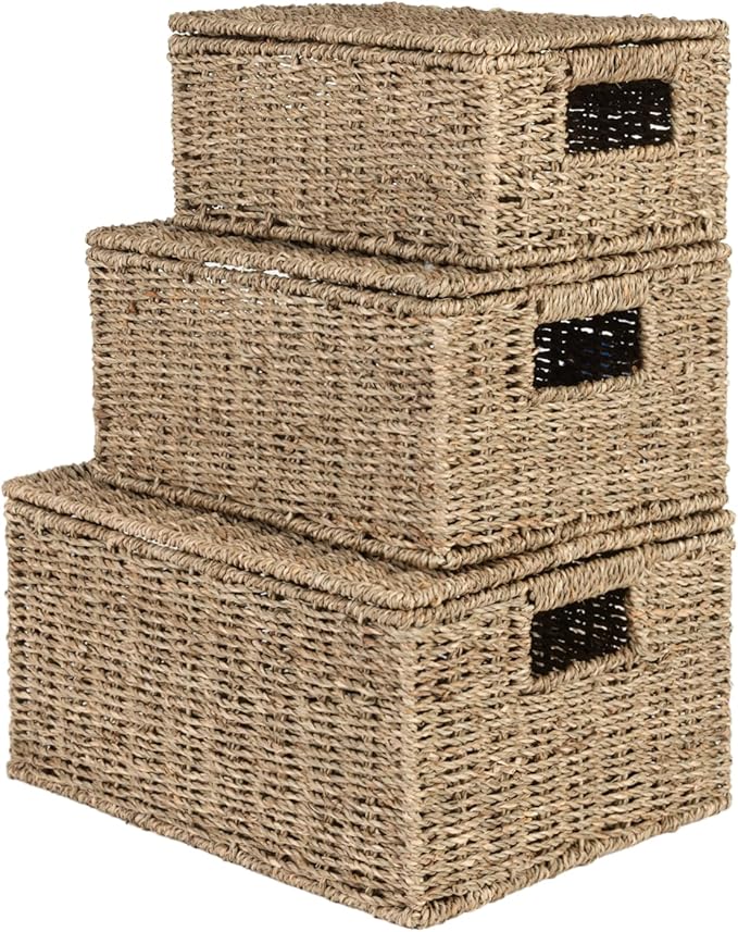 Wicker Storage Baskets with Lid, Hand-Woven Rectangular Wicker Basket with Lid for Bedroom & Living Room, Nesting Rattan Basket with Lid for Shelves (Seagrass, Set of 3)