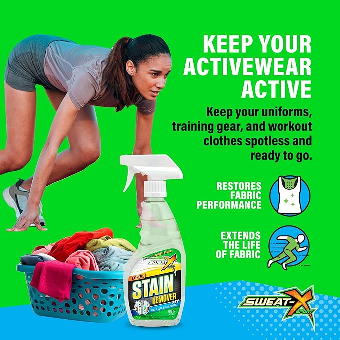 SWEAT X Extreme Stain Remover Spray for Clothes - Professional Laundry Stain Remover Spray for Performance Fabrics & Activewear - Powerful Stain Treater & Spot Remover for Clothes - 16 oz (1 Bottle)