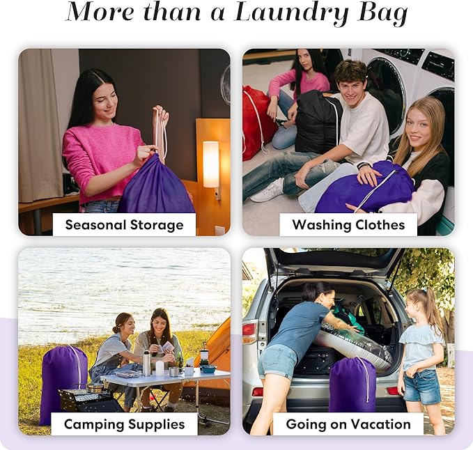 Nylon XL Laundry Bag - Locking Drawstring Closure and Machine Washable. These Bags will Fit a Laundry Basket or Hamper and Strong Enough to Carry up to Three Loads of Clothes (Purple)