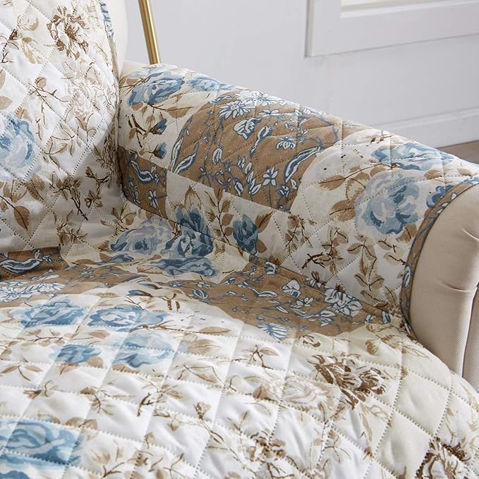 Great Bay Home Reversible Floral Patchwork Furniture Protector - Machine Washable, Scalloped Edge, Stain Resistant, Printed Furniture Cover for Dogs, Kids, and Pets (Recliner, Taupe/Blue)