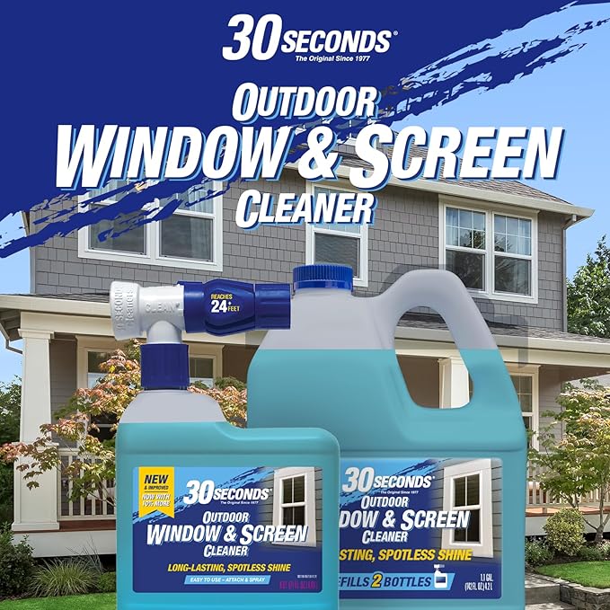 30 SECONDS Outdoor Window & Screen Concentrated Cleaner for Glass, Patio Doors, Fiberglass, Furniture - No Screen Removal Required, Spray & Rinse - Refill for Hose End Sprayer Bottles, 1.1 Gallon