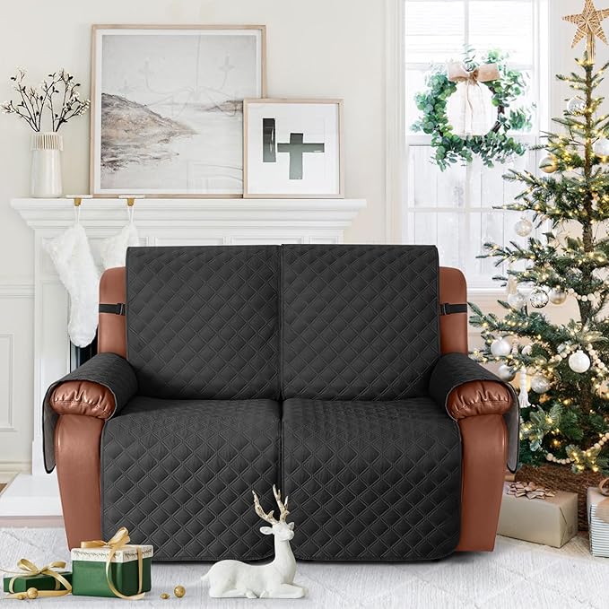 Ruaozz Waterproof Recliner Sofa Covers, 1-Piece Couch Covers for Reclining Couches Reclining Couch Cover Washable Furniture Protector with Elastic Straps Pocket for Kids Pets (Black, 2 Seater)