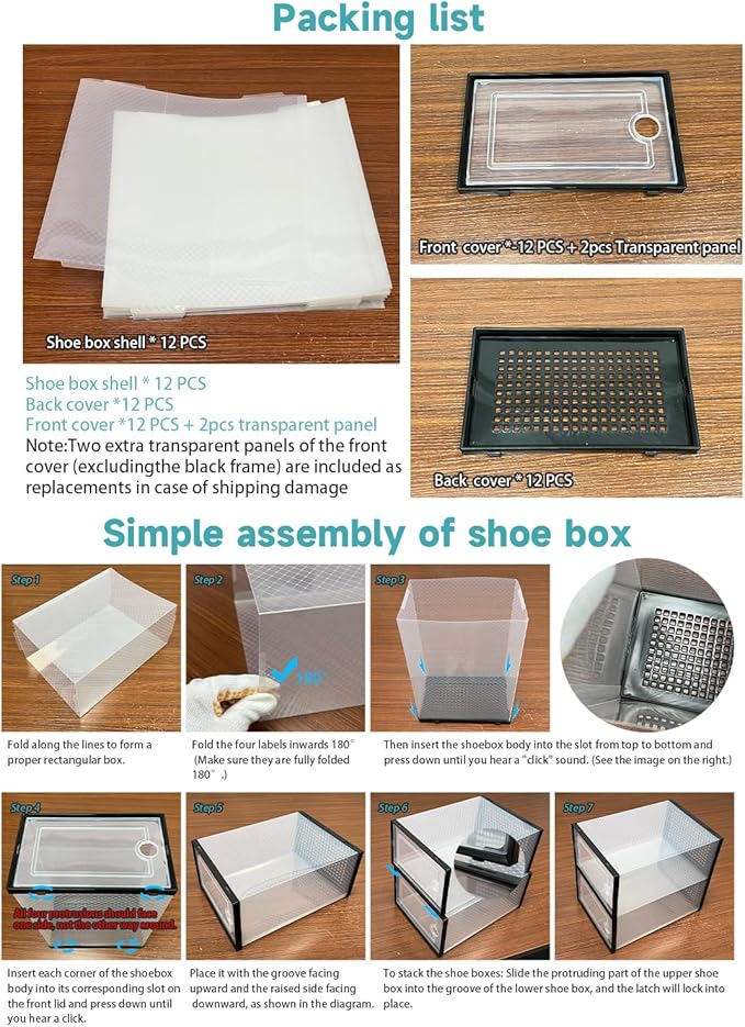 12 Pack Shoe Storage Boxes, Clear Plastic Stackable Shoe Organizer for Closet, Foldable Shoe Rack with Lids for Entryway, Closet, Under Bed, Black (13 x 9.1 x 5.5inches)