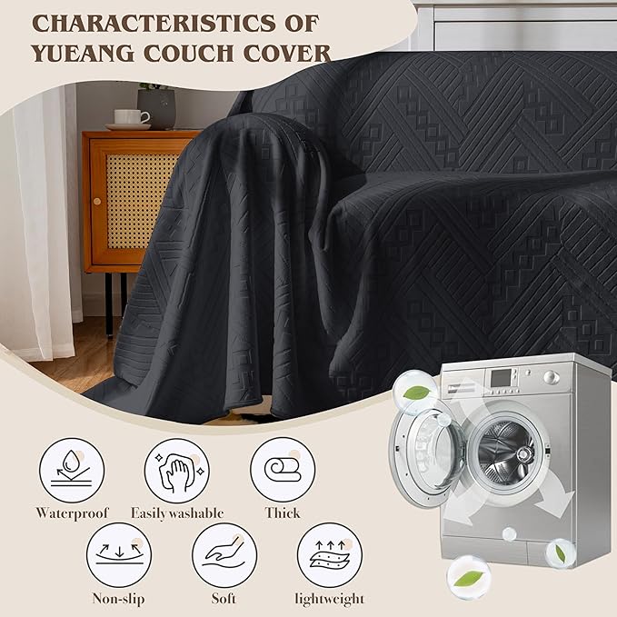 Waterproof Couch Cover, Reversible, Pet-Friendly, Washable and Anti-Slip Sofa Covers for Sofa Protection with 2 Cushions, Ideal Sofa Slipcovers for Dogs and Cats (71×102in/Black)