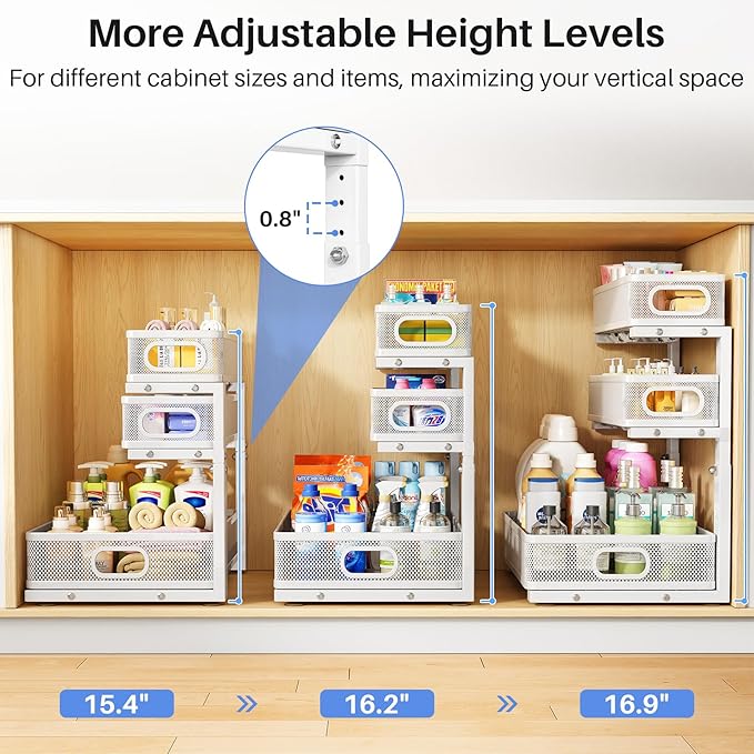 HERJOY Under Sink Organizer, 2-Pack 3-Tier Height Adjustable Thickened Metal Pull out Cabinet Organizer Shelf, Slide out Storage Drawer Rack for Bathroom Kitchen Pantry Home Laundry Organization White