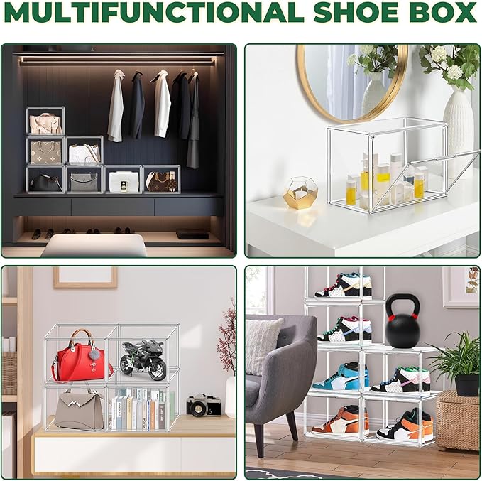 4 Pack X-Large Shoe Boxes Size 14, Clear Acrylic Handbag Storage Box Sneaker Display Case Shoes Containers with Magnetic Door Acrylic Display Case Organizer for Closet