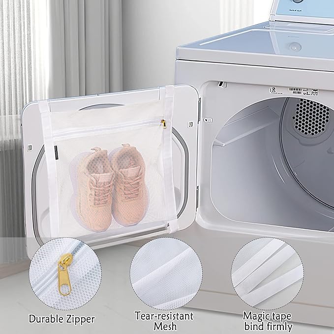 Sneaker Dryer Bag, 2 Pcs Reusable Sneaker Drying Mesh Bags, Honeycomb Net Laundry Bags with Zipper & Strap for Washing Machine, 15.7''x13.8'', White