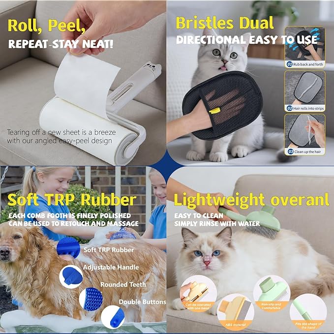 New BIONEMAGILI 4-in-1 Pet Hair Removal Kit - Refillable Lint Roller + Self-Cleaning Deshedding Comb + Electrostatic Glove + Soft Rubber Bath Brush, Multi-Surface Hair Remover for Cats/Dogs/Blue