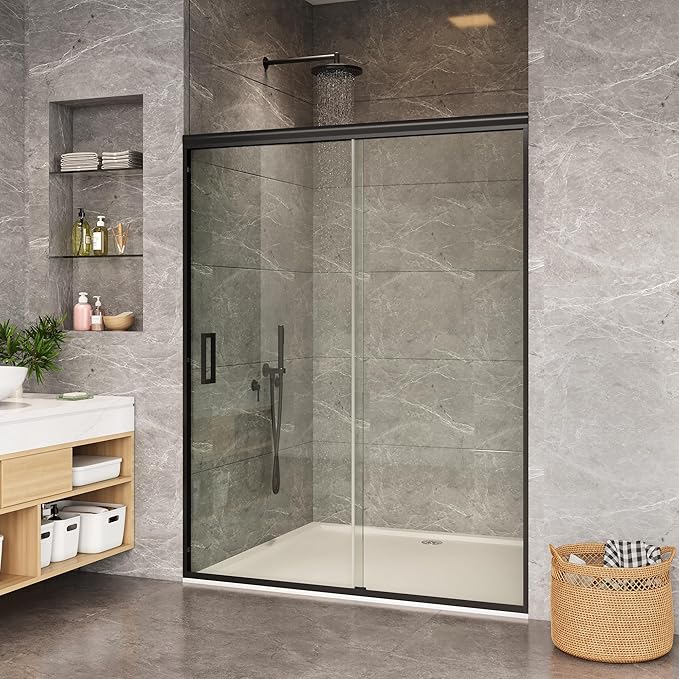 Sliding Shower Door 44–48 Inch W x 72 Inch H – Framed Double Sliding Tempered Glass Shower Enclosure with Easy-Clean Coating, Safe Wet-Dry Separation Design for Family Bathrooms Matte Black