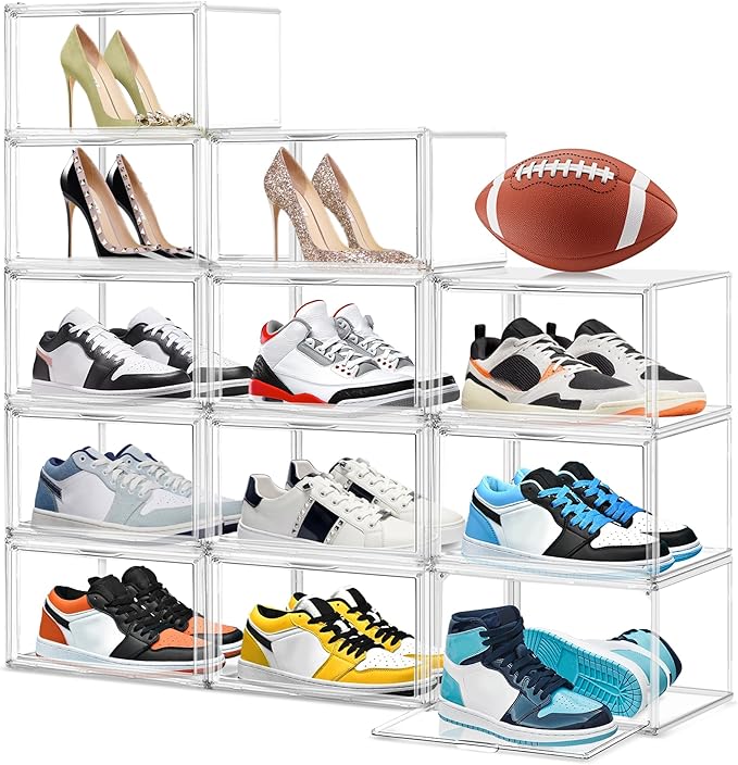 Acrylic Clear Shoe Storage Boxes Size 12, Transparent Display Case for Sneaker Collections, Baseball Caps, Hat Organizer Dust-free Shoe Cubbies Stackable Sneaker Boxes